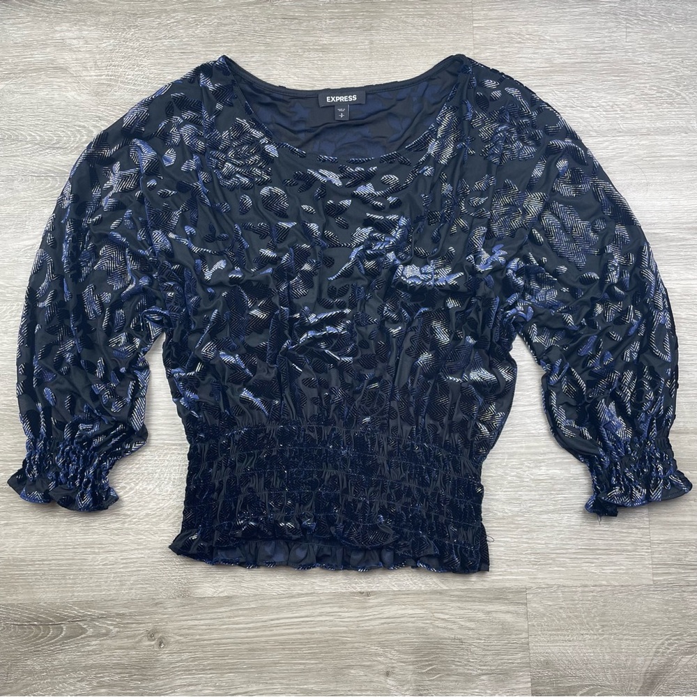 Express Navy Blue and Gold Velvet Banded Bottom Top